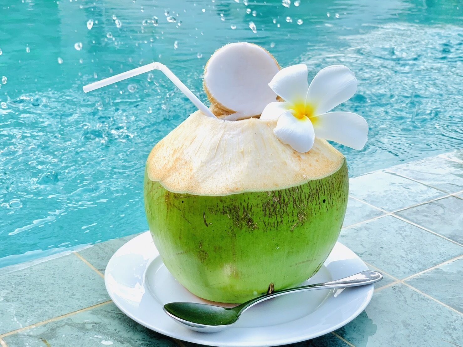 Un coco verde con una pajita y una flor en la parte superior, sobre un plato blanco con una cuchara a un lado, cerca de una piscina.