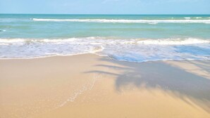 Une plage avec un ciel dégagé et des vagues douces.