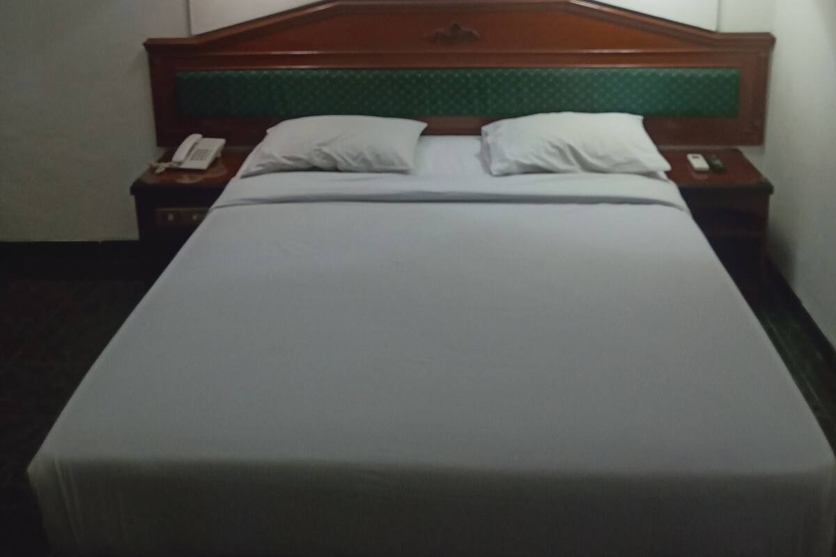 Una habitación de hotel con una cama, dos lámparas de noche, un teléfono y un cabecero verde.