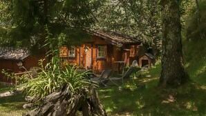 A rustic cabin with a wooden exterior, surrounded by lush greenery and a large tree.