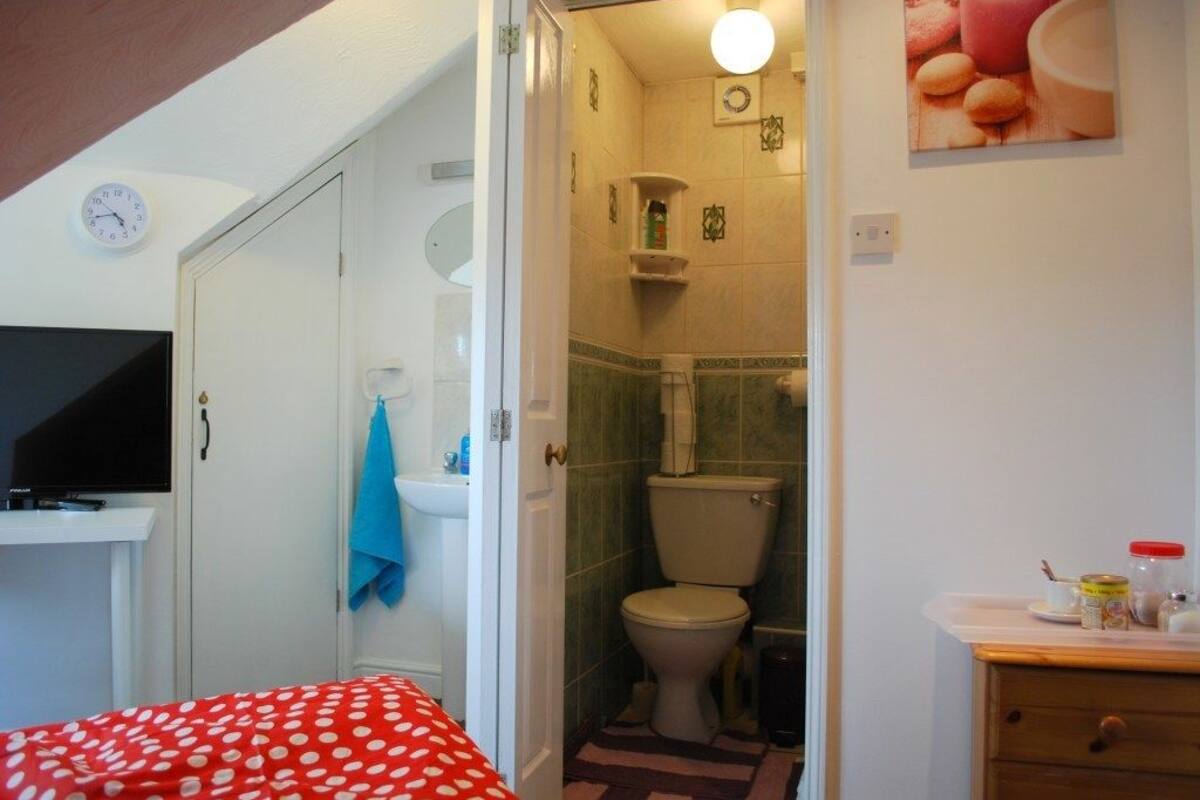 A bedroom with a bed, a TV, and a bathroom with a toilet and sink.