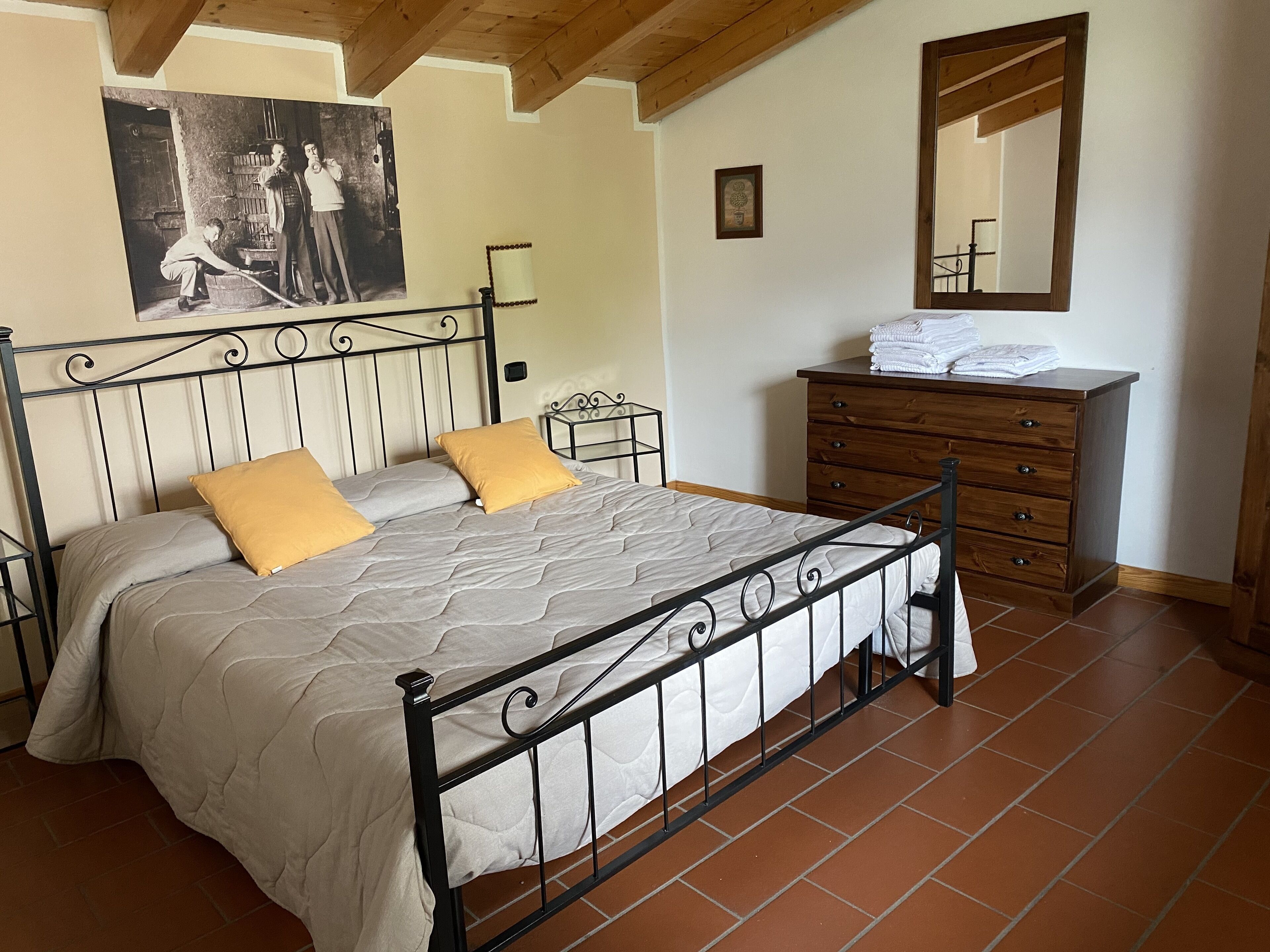 A bedroom with a metal bed frame, a wooden dresser, a nightstand, and a wall-mounted mirror.