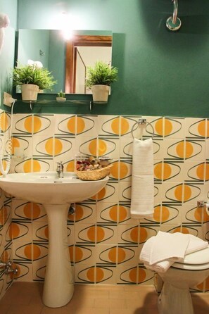 A bathroom with a pedestal sink, a toilet, and a mirror. There are two potted plants on the wall above the sink. - Retro' Rooms (Cefalù)