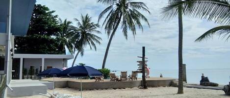 A beach with white lounge chairs, umbrellas, and palm trees.