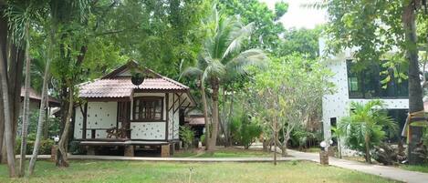 A traditional wooden house with a tiled roof, surrounded by lush greenery and palm trees.