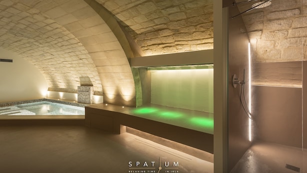A spa area with a stone ceiling, a hot tub, and a steam shower. - Giardino di Pietra (Ragusa)