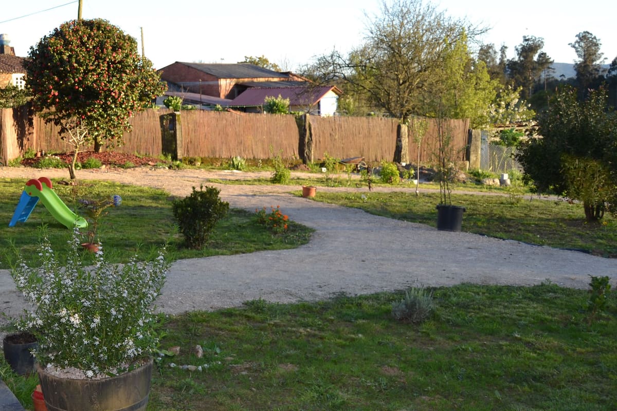 Een achtertuin met een houten terras, een groene glijbaan en diverse planten in potten.