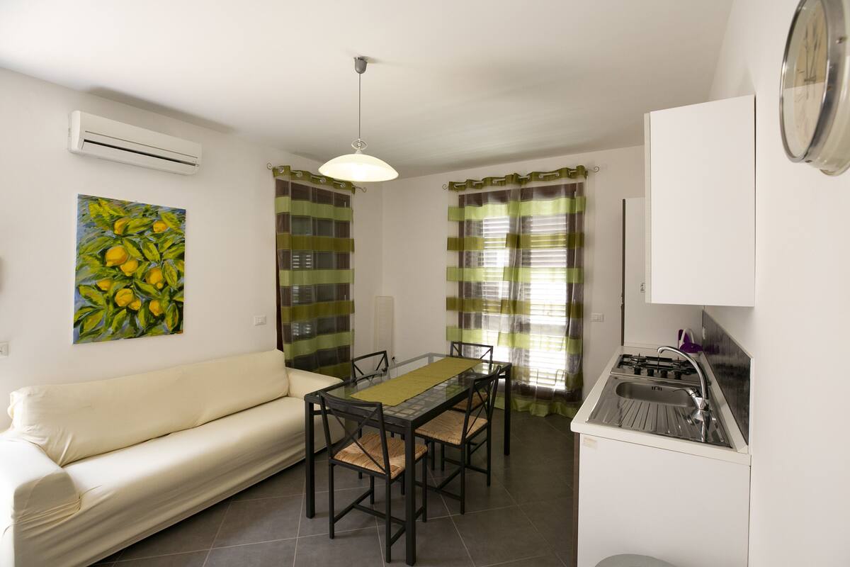 A compact living space with a sofa, dining table, chairs, a kitchen area with a sink, and a clock on the wall.