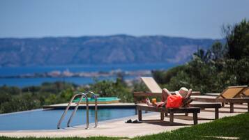 Relax by the pool with a breathtaking view of the surrounding mountains and water.