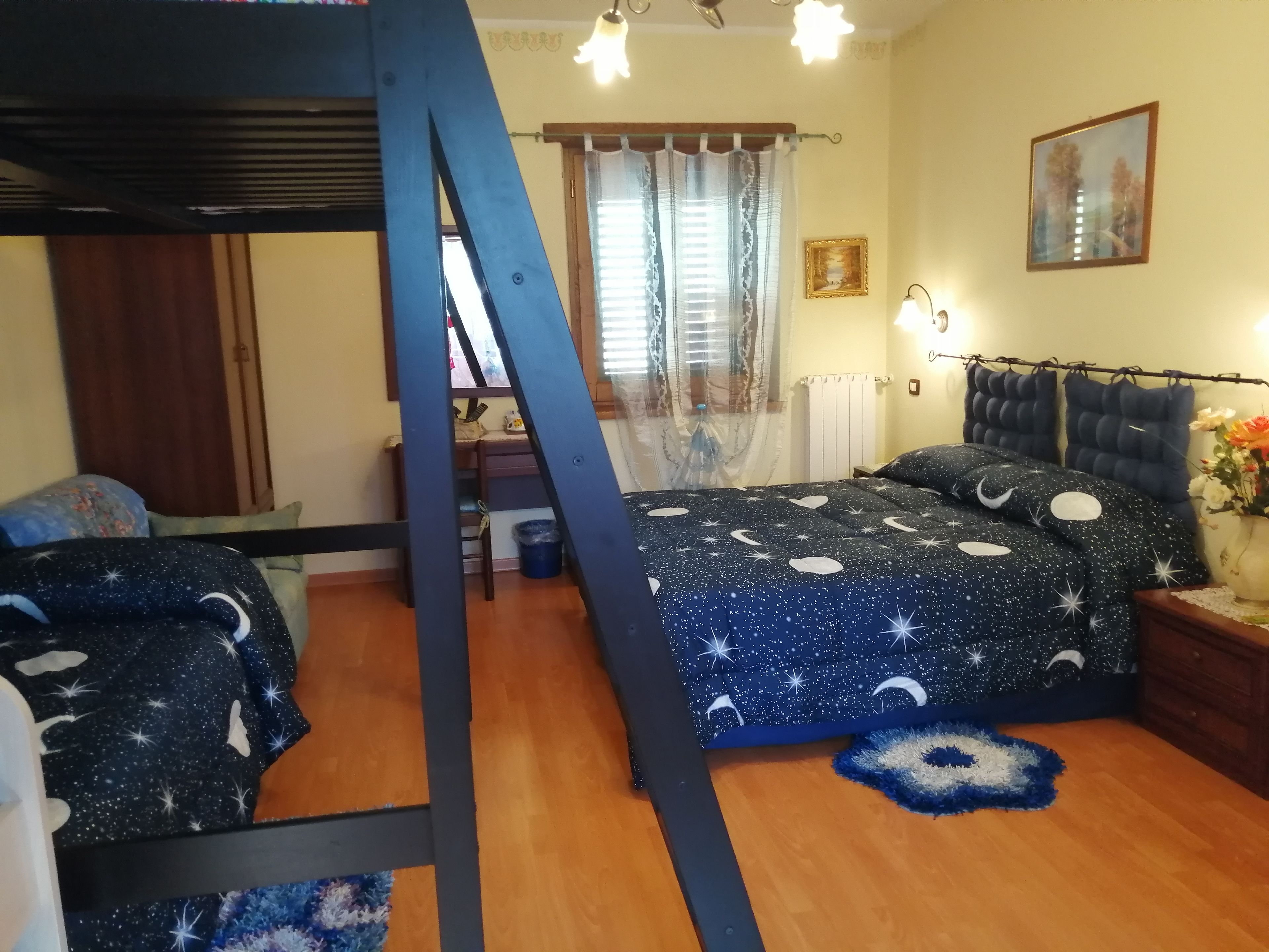 Une chambre avec un lit superposé, un bureau, une chaise, une fenêtre avec des rideaux, une table de chevet avec une lampe et un tableau encadré au mur.
