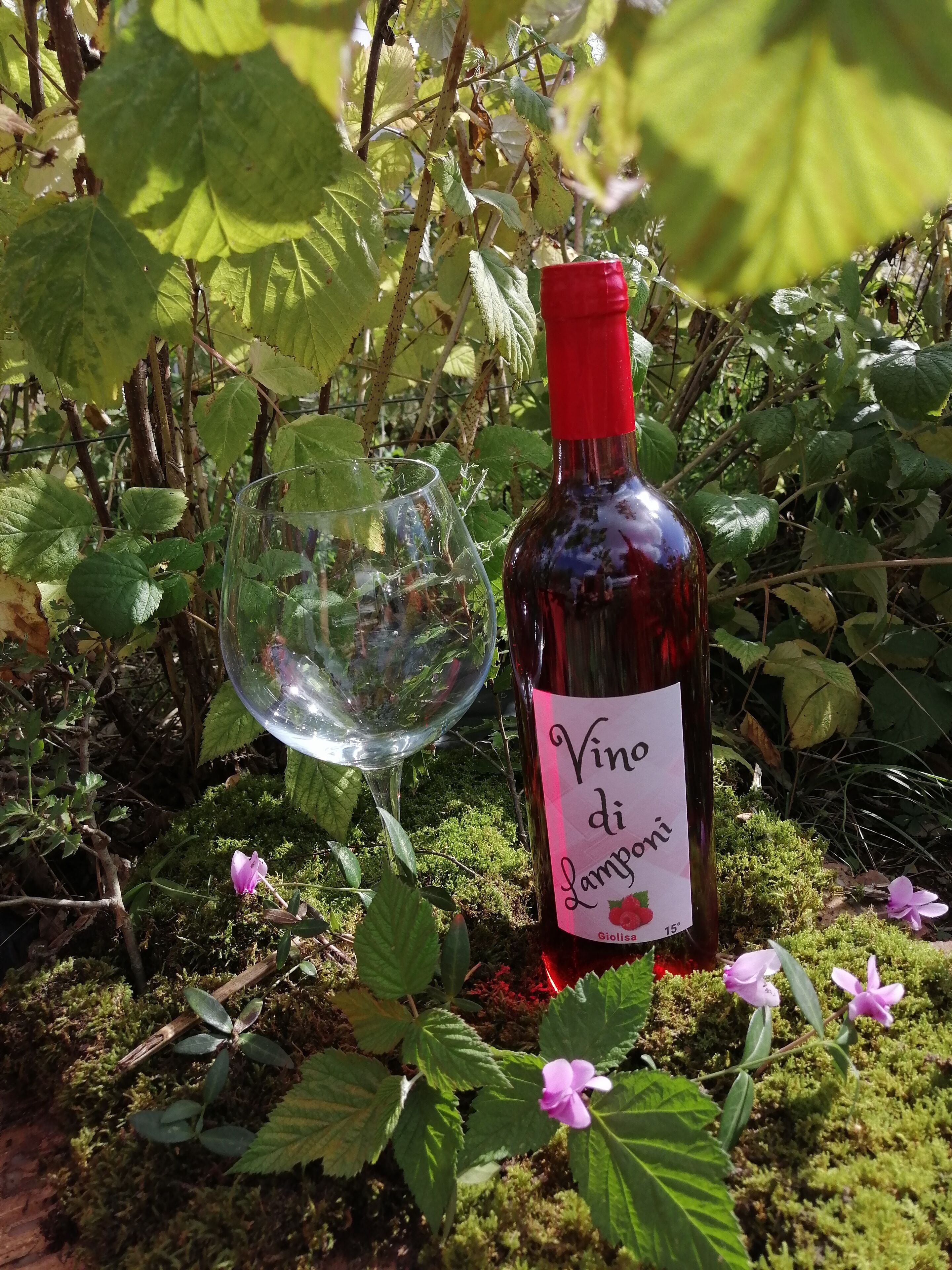 A bottle of wine with a label, a glass, and a natural setting with greenery and flowers.