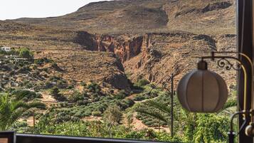 Vista de un paisaje desértico con una montaña al fondo, una carretera y algo de vegetación.