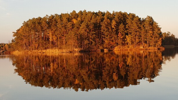 A tranquil lake with a forested island reflecting in the water. - Wärdshuset Furuliden (Vittsjo)