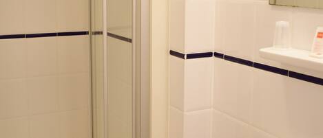 Un baño con ducha envuelta en vidrio, un lavabo blanco y un espejo encima.