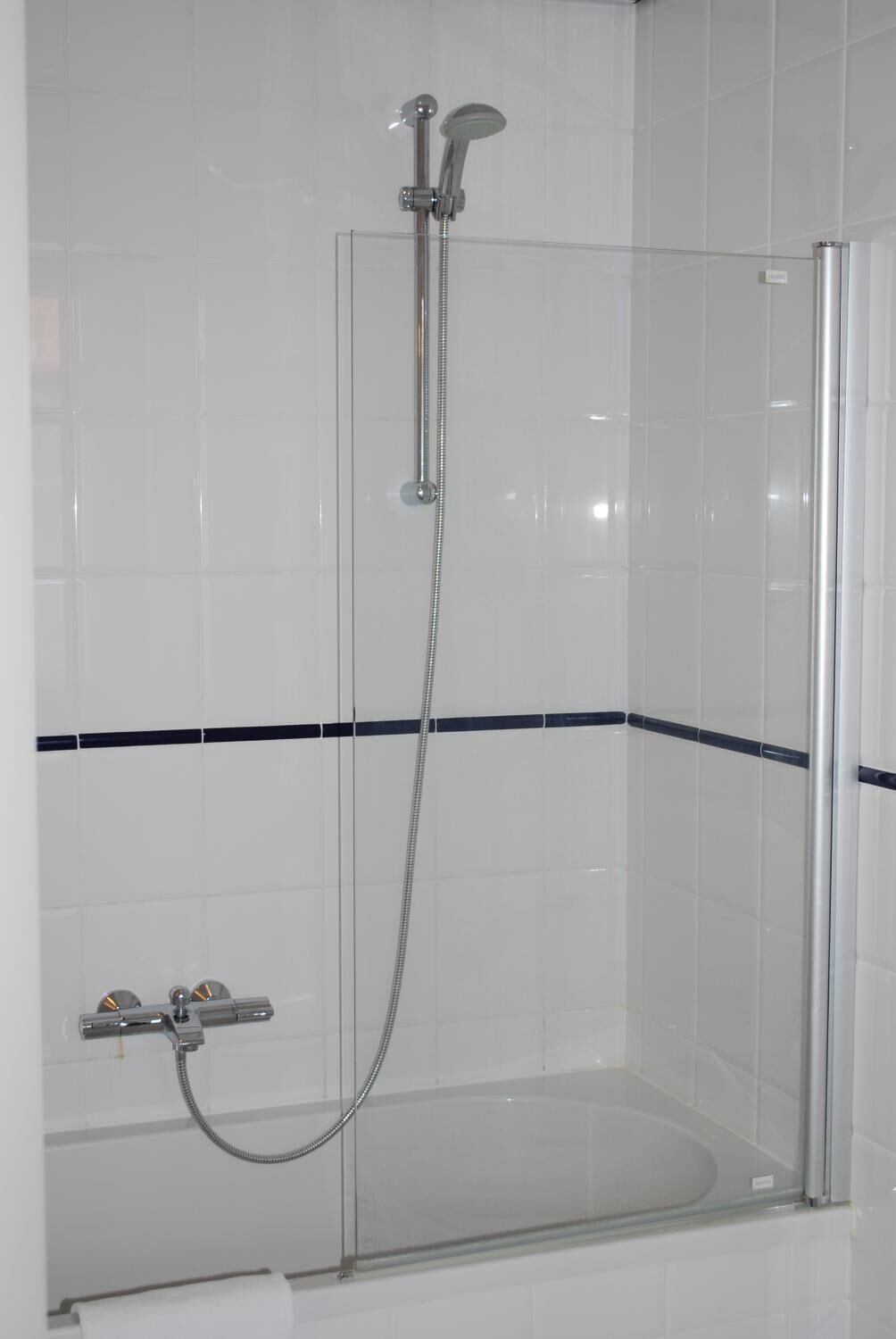 Ducha con mampara de vidrio, cabezal de ducha y grifo de mano.