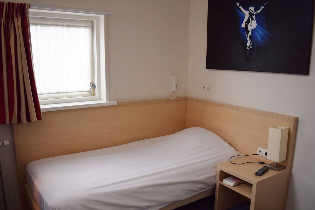 Una cama individual con cabecera de madera, una mesita de noche con lámpara y control remoto, una ventana con cortinas y un cuadro colgado en la pared.