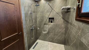 Regadera, regadera tipo lluvia, secadora de cabello, toallas