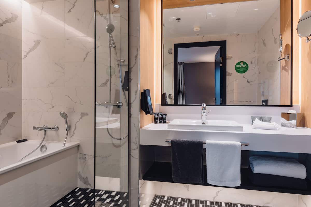 deluxe room, 1 double bed, non smoking | bathroom | combined shower/bathtub, eco-friendly toiletries, hair dryer, towels