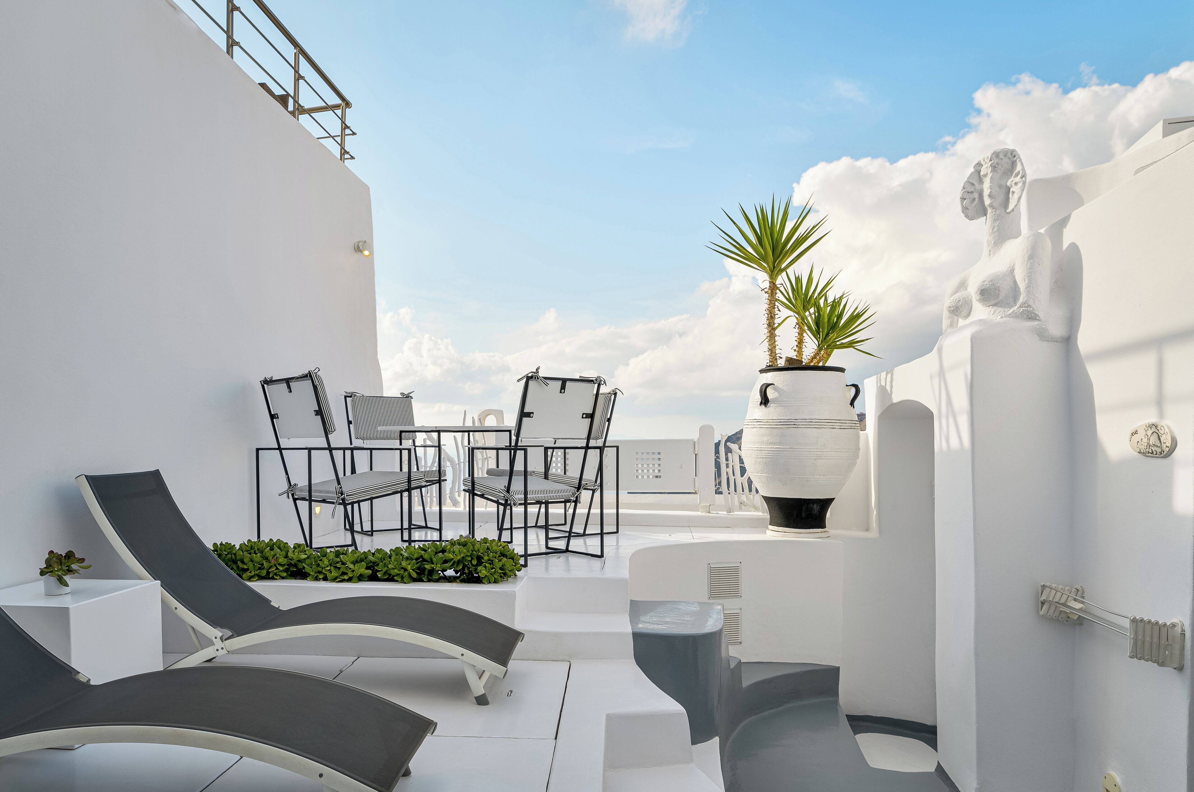 A rooftop terrace with lounge chairs, a table, and potted plants.