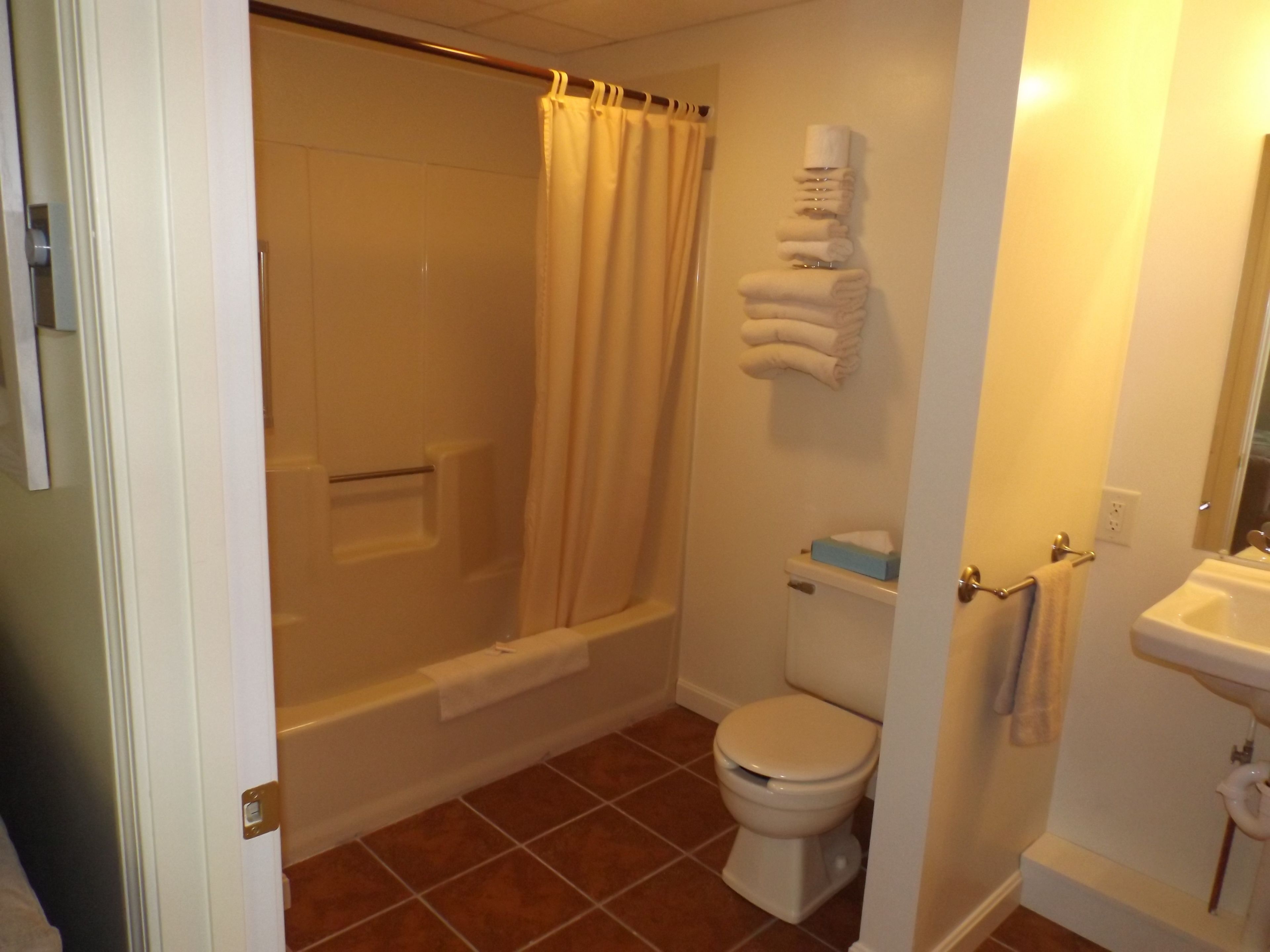 A bathroom with a shower, toilet, and sink.