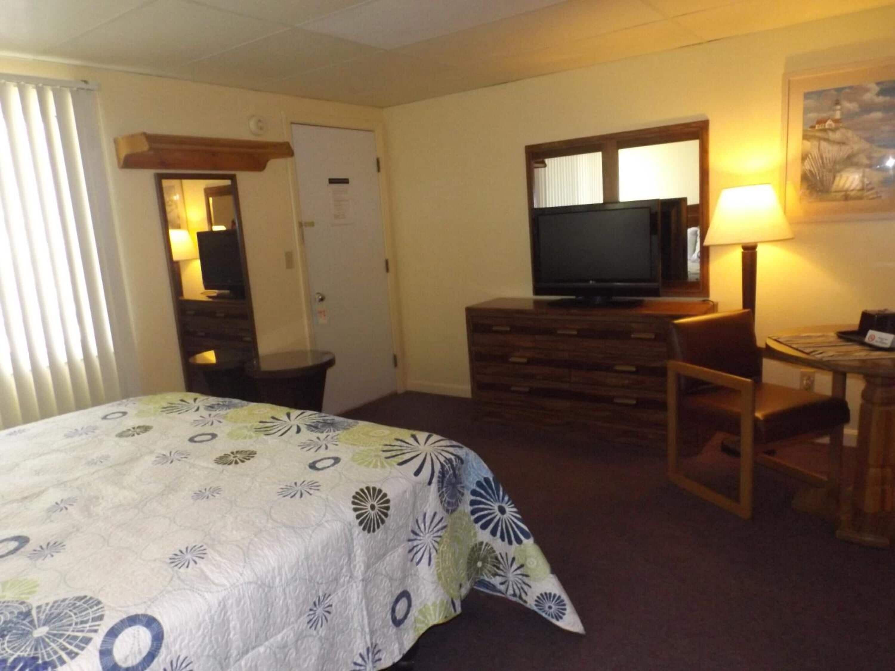 Habitación de hotel con una cama, un televisor en una cómoda, un escritorio con una lámpara y un cuadro en la pared.