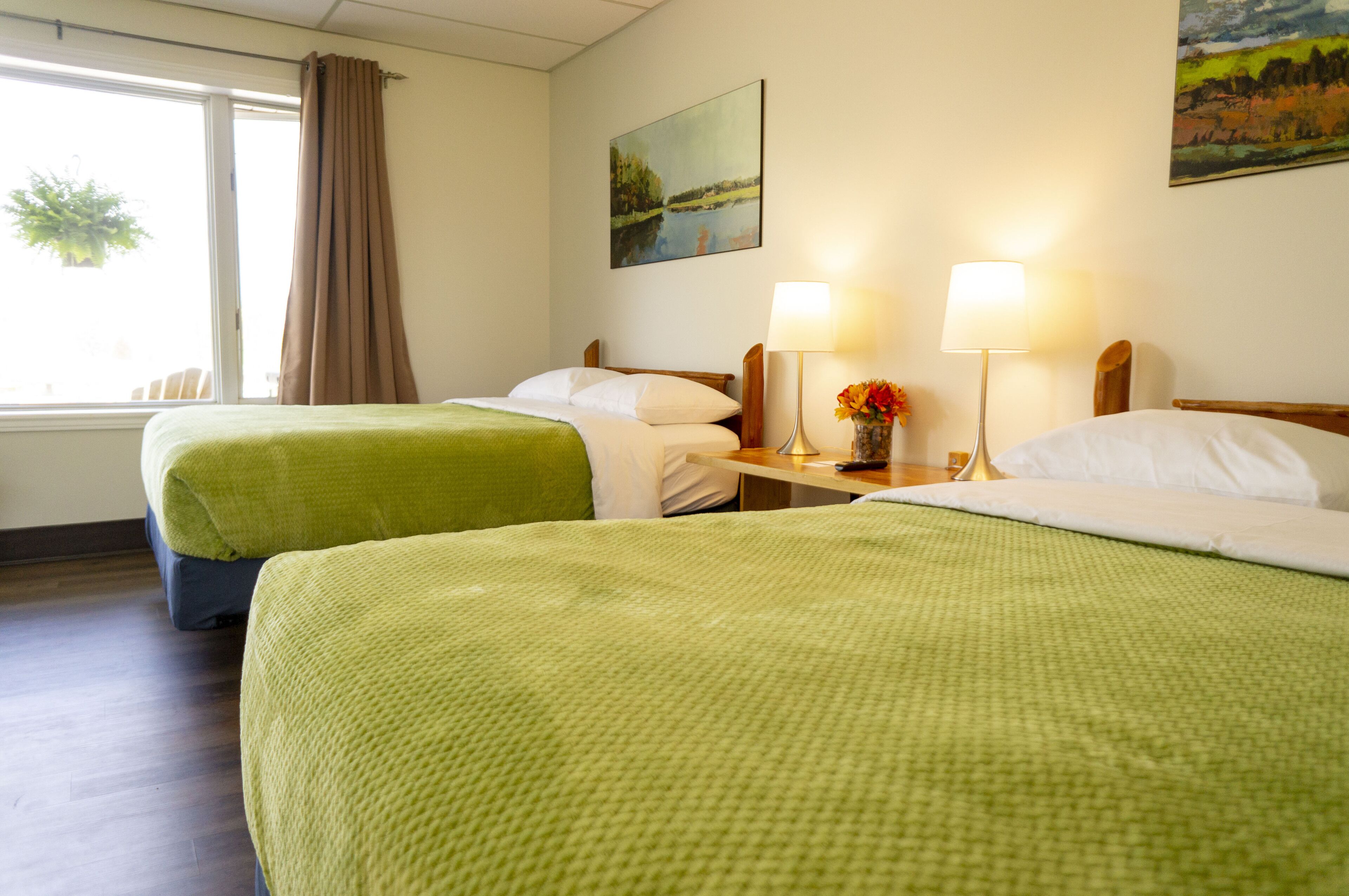 Ein Hotelzimmer mit zwei Betten, einem Fenster mit Vorhängen, einem Bild an der Wand und einem Nachttisch mit Lampen.