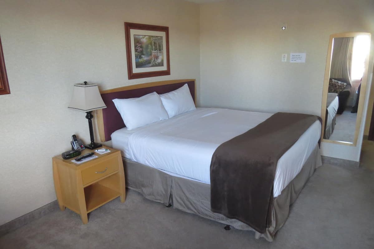 A hotel room with a bed, a nightstand with a lamp, a framed picture on the wall, and a mirror.