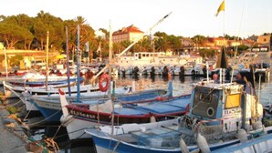 A marina with several boats docked, a lifebuoy, and a building in the background. - L'Auberge des Glycines (Hyères)