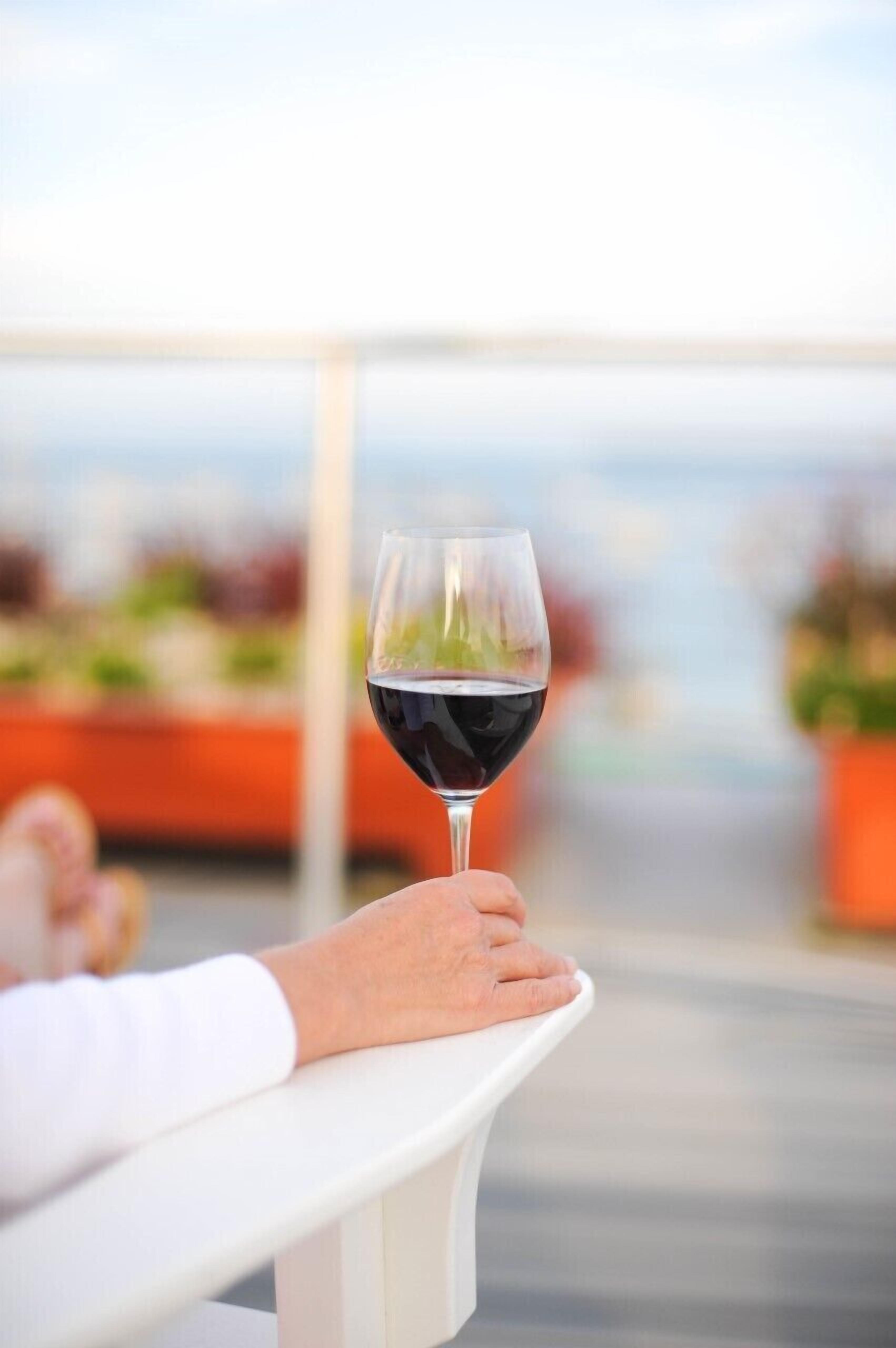 A person holding a glass of red wine on a balcony with a view of the sea.