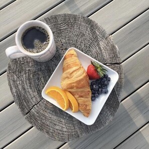 Enjoy a casual breakfast on the deck with a warm cup of coffee and a selection of fresh pastries.