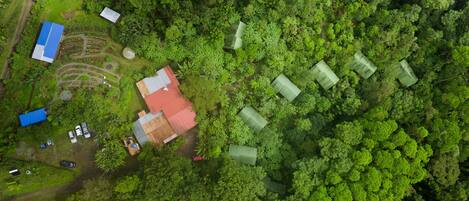 An aerial view of a rural area with several buildings, including a large house with a red roof, surrounded by dense green forest.