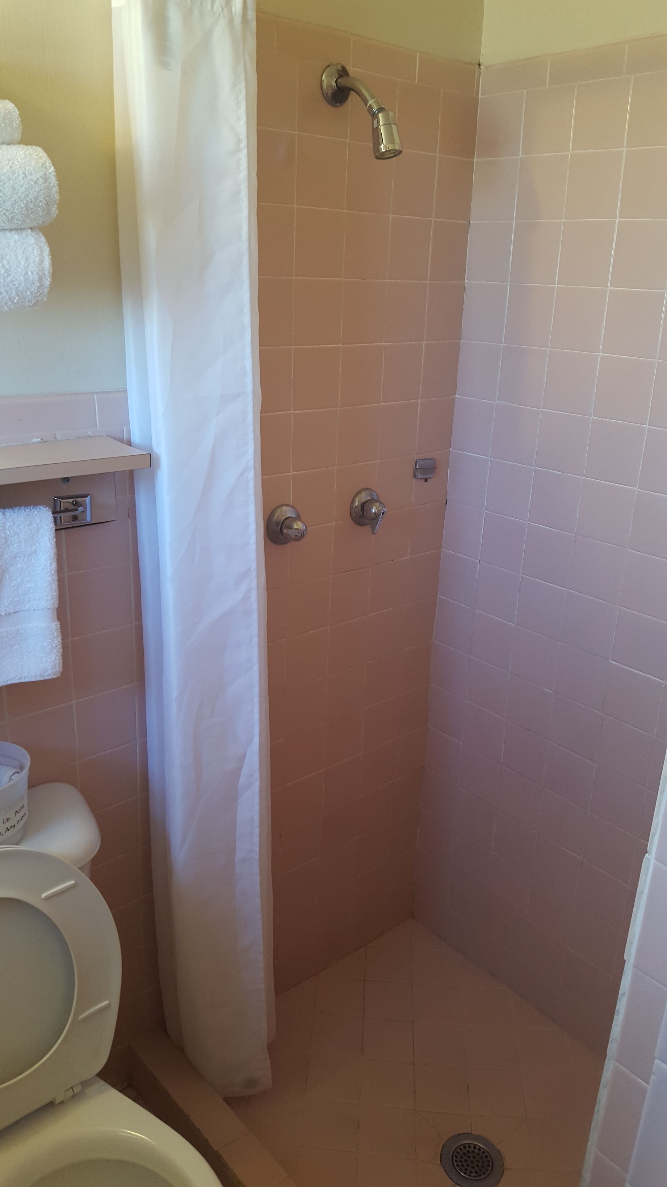 A bathroom with a shower, toilet, and a towel rack.