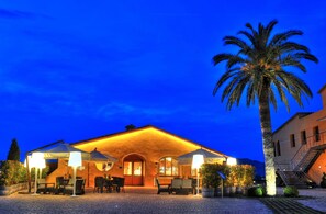 A building with outdoor seating and a palm tree.
