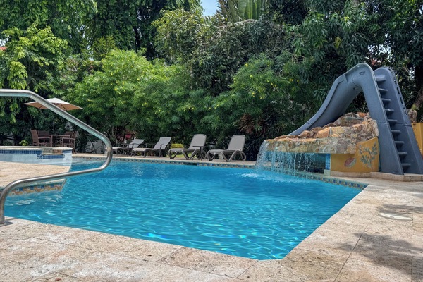 Outdoor pool, pool umbrellas, sun loungers