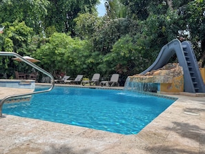 A swimming pool with a slide, lounge chairs, and a stone wall. - Caribbean Shores Bed & Breakfast (Hopkins)
