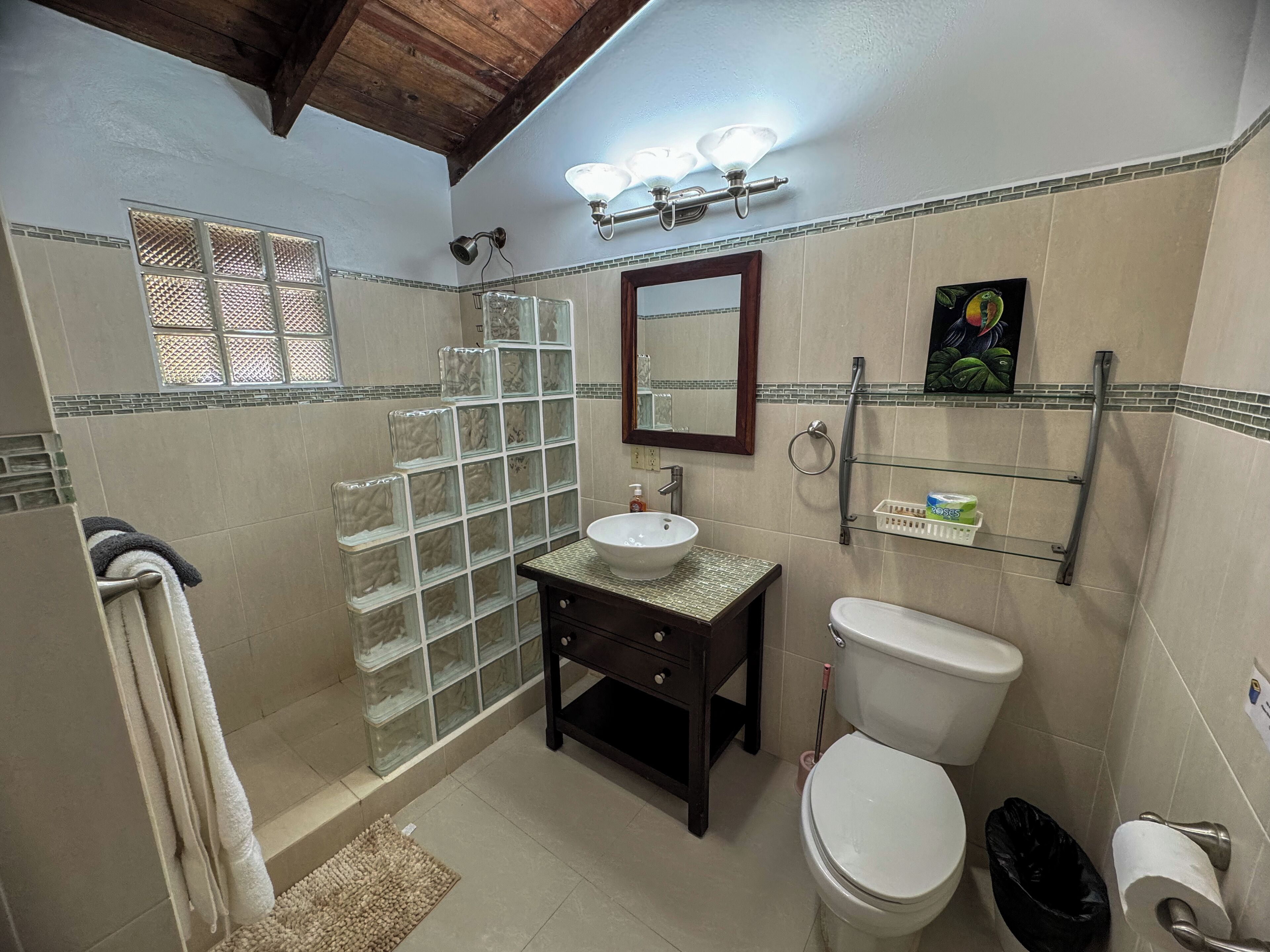 Un baño con cabina de ducha de vidrio, un lavabo, un inodoro y un espejo.