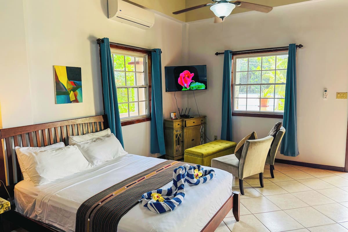 A hotel room with a bed, a desk, a chair, a TV, and two windows with curtains.