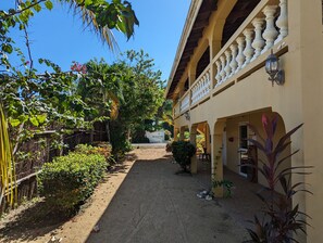 A courtyard with a gravel path, a thatched fence, and lush greenery.