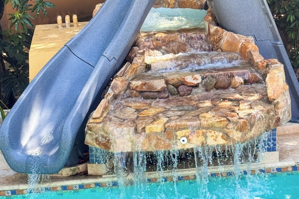 Outdoor pool, pool umbrellas, pool loungers