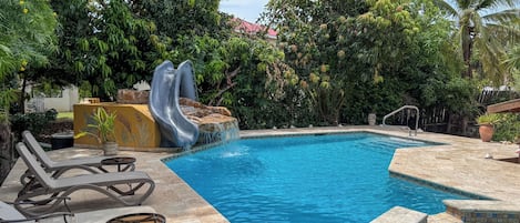 Outdoor pool, pool umbrellas, sun loungers