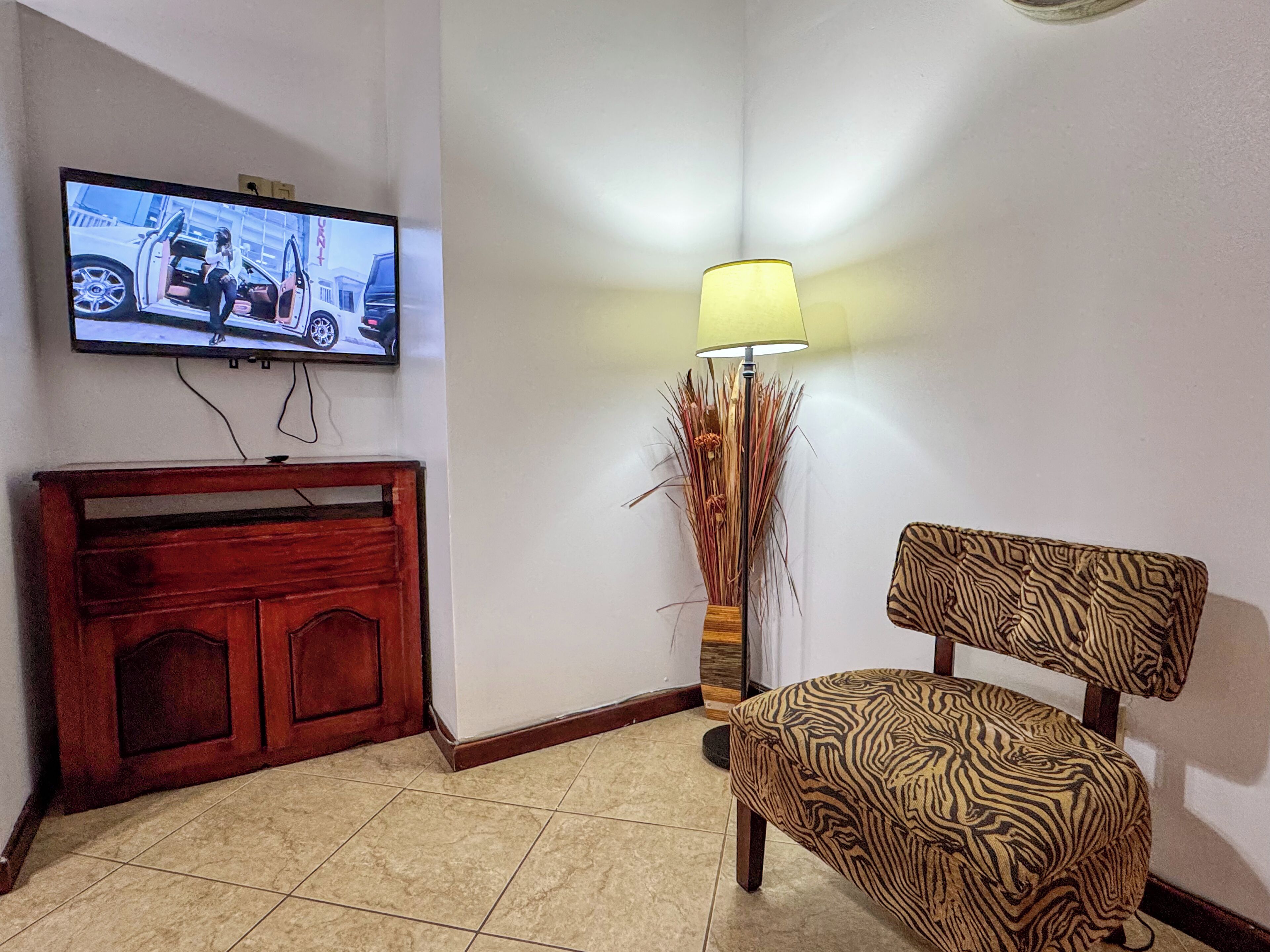 Un salon avec un téléviseur fixé au mur, un meuble en bois, une lampe et un fauteuil à motifs zébrés.
