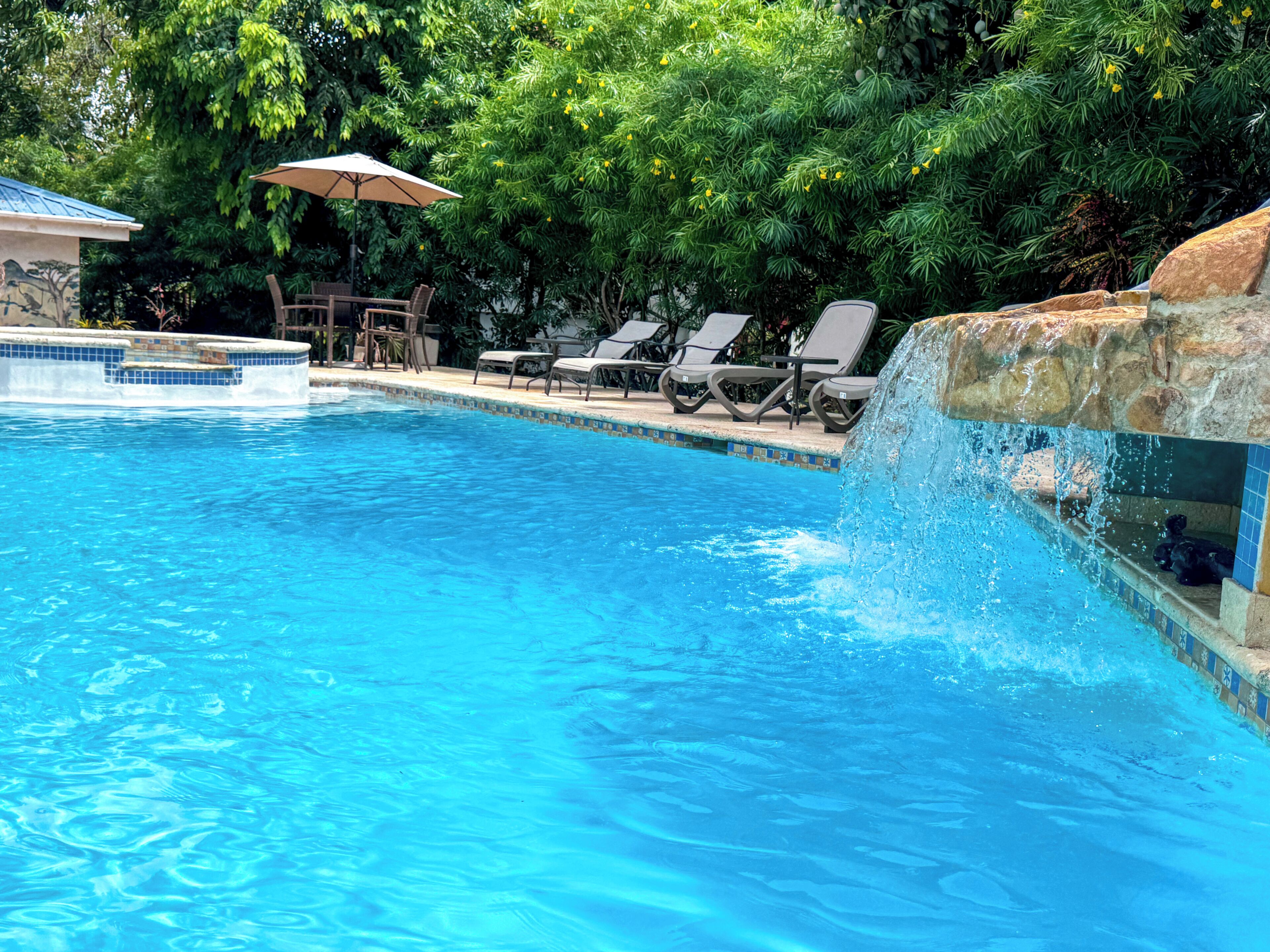 A swimming pool with a waterfall feature, lounge chairs, and a covered seating area.
