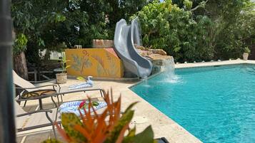 Outdoor pool, pool umbrellas, pool loungers