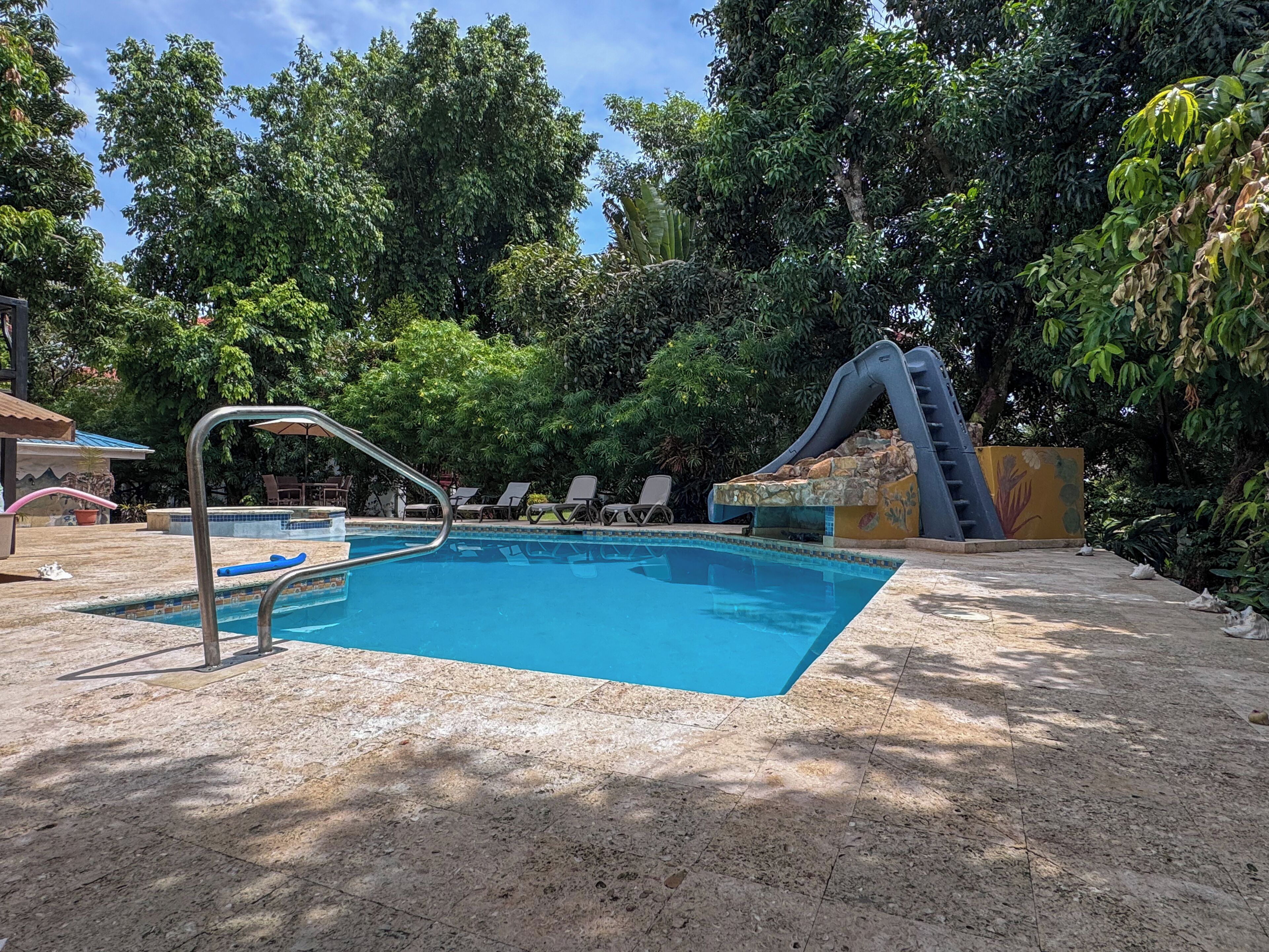 Una piscina amb tobogan, gandules i un mur de pedra.