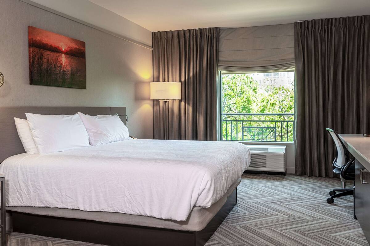 A hotel room with a large bed, a desk, a chair, a lamp, and a view of greenery through the window.