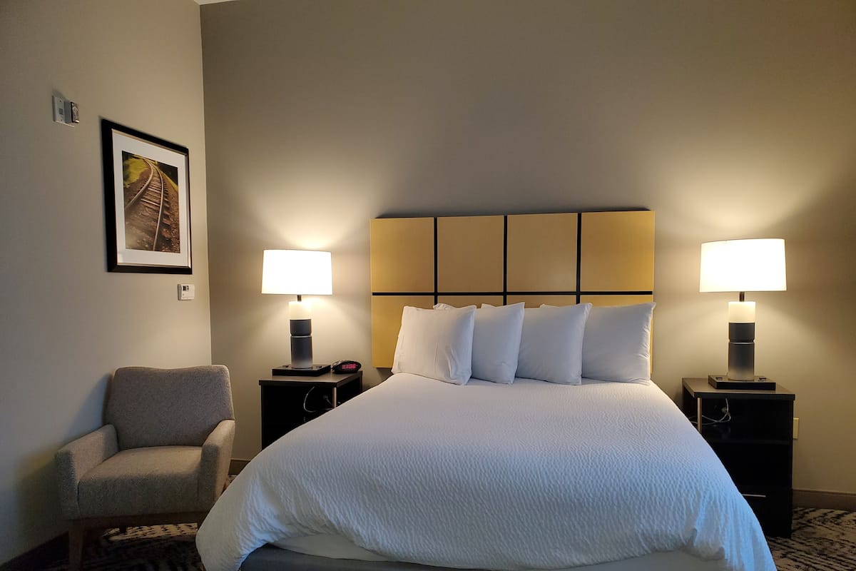 A hotel room with a large bed, two bedside tables with lamps, a chair, and a framed picture on the wall.