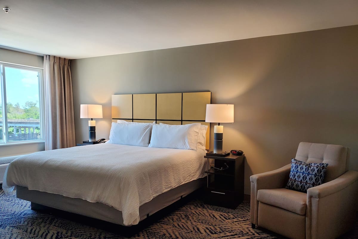 A hotel room with a large bed, two bedside lamps, a chair with a patterned pillow, and a view of greenery outside.