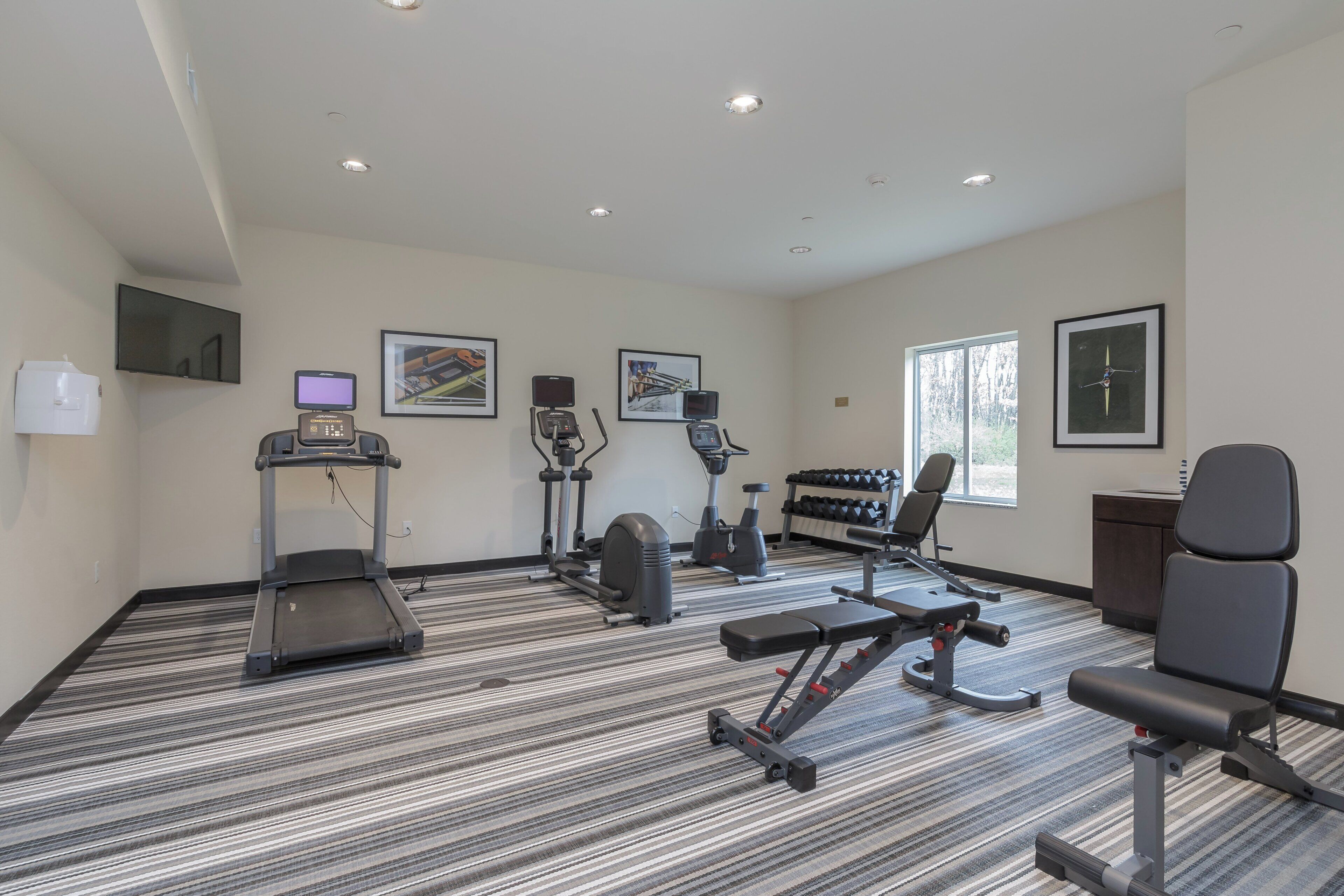 Ein Fitnessraum mit Laufband, Crosstrainer, Ergometer und einer Gewichtbank.