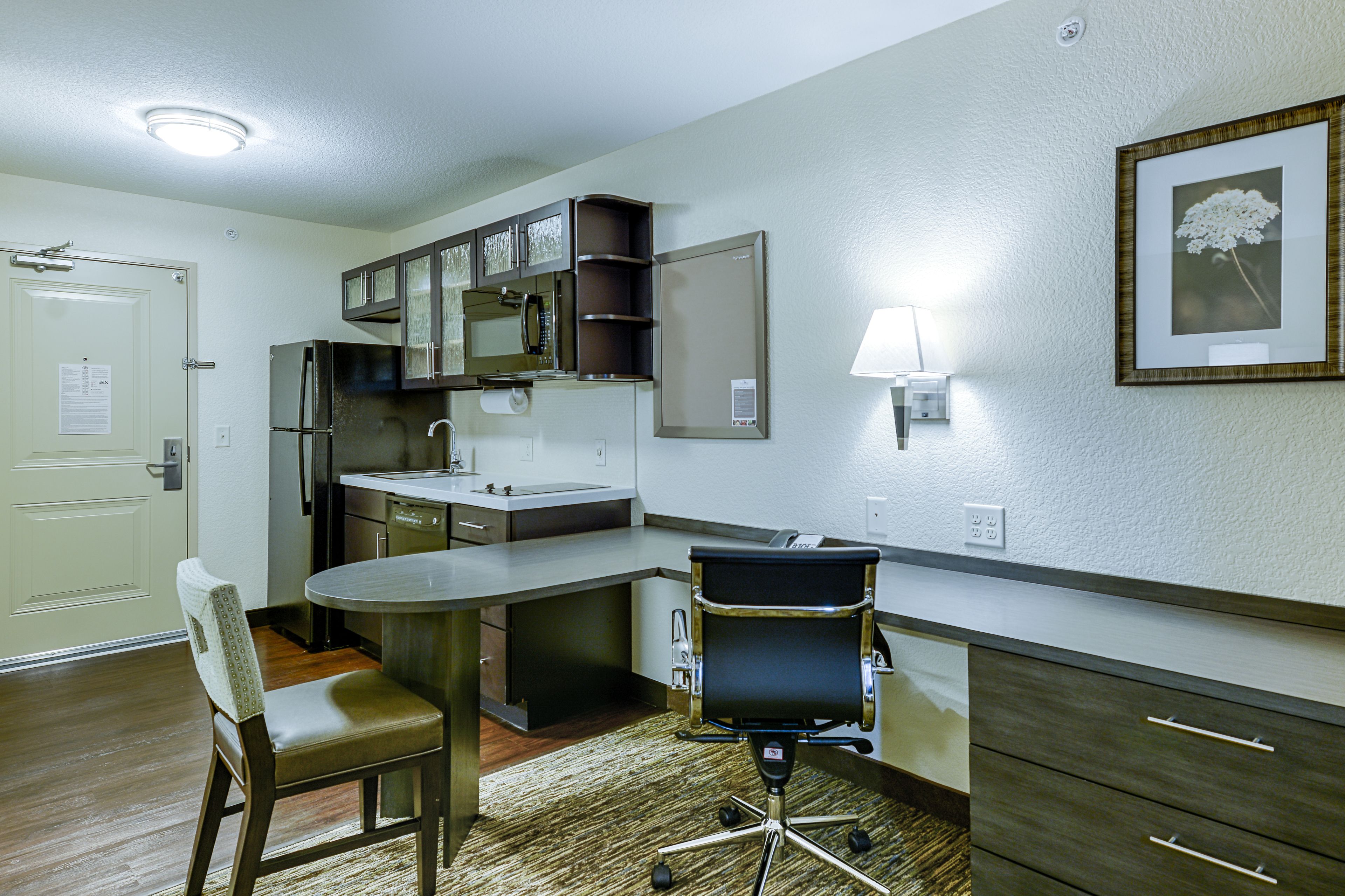 full-sized fridge, microwave, dishwasher, coffee/tea maker