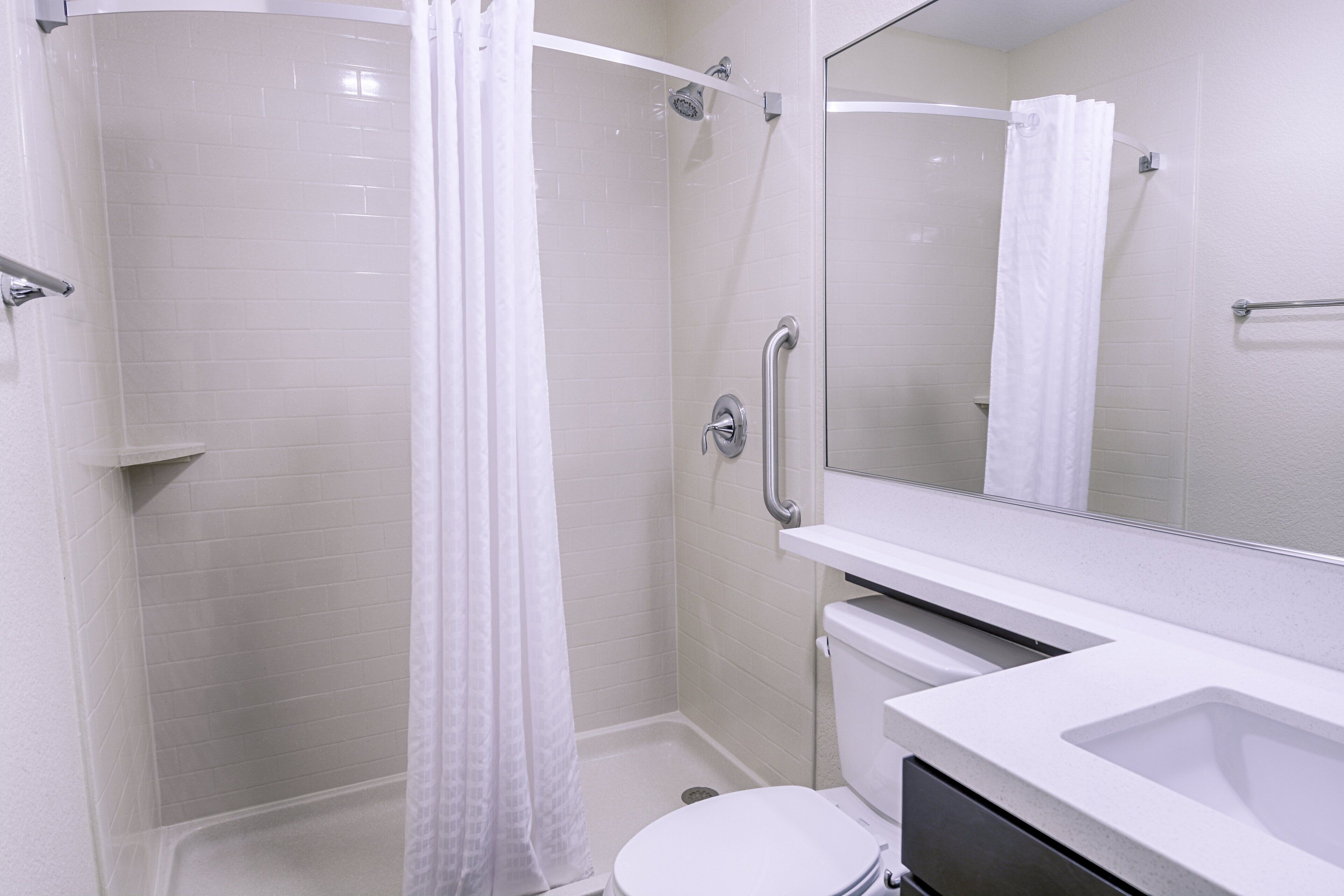 suite, 2 queen beds, mobility accessible (roll-in shower) | bathroom | hair dryer, towels